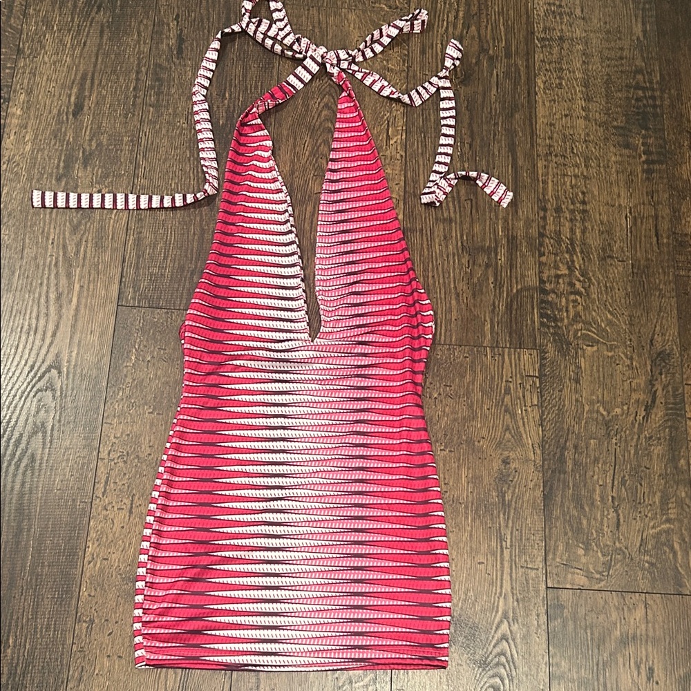 Pink and White Striped Extreme Deep V-Neck Halter Mini Dress